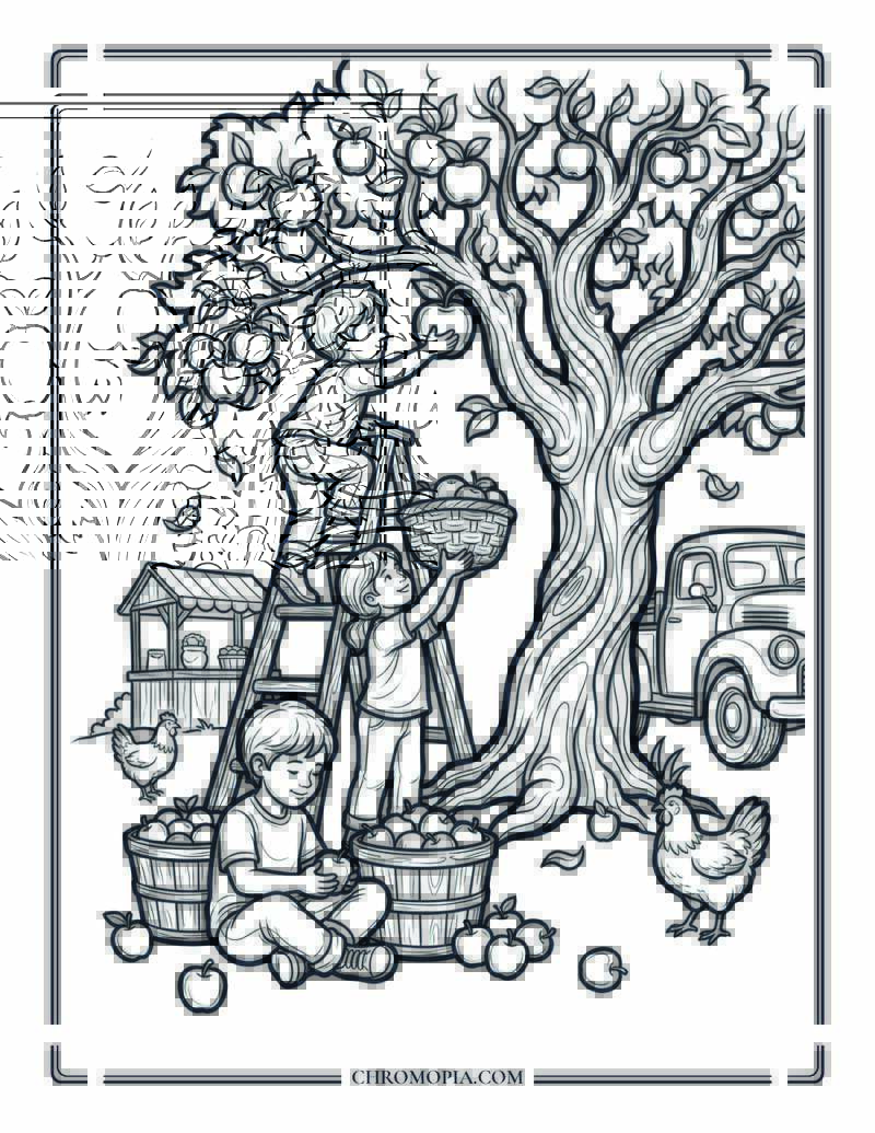 Autumn Apple Picking Kids Scene Coloring Page