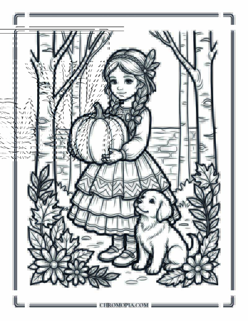 Autumn Girl With Pumpkin And Puppy Portrait Coloring Page
