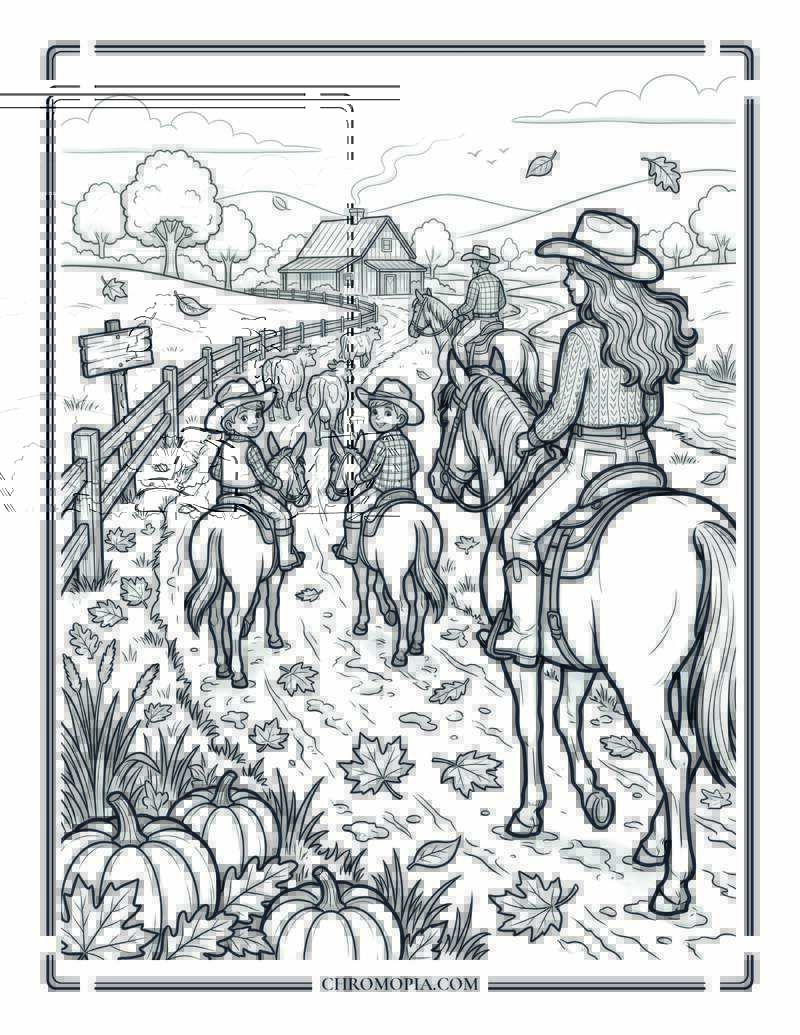 Cozy Autumn Countryside Family Ride Coloring Page