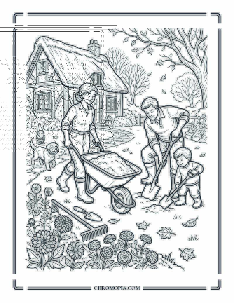 Cozy Garden Family Yard Scene Coloring Page