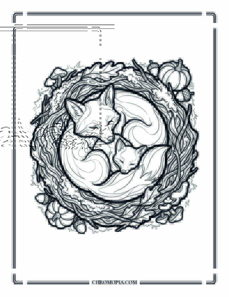 Cozy Sleeping Fox Family Nest Coloring Page