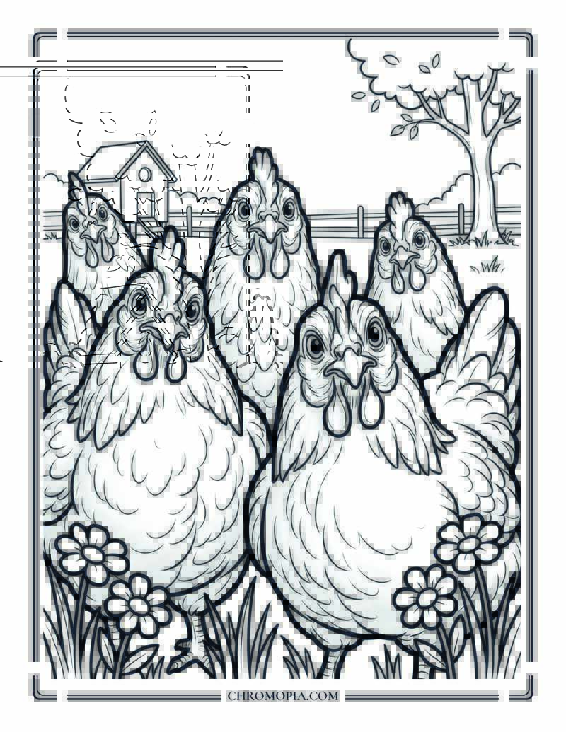 Curious Chicken Gathering Portrait Coloring Page