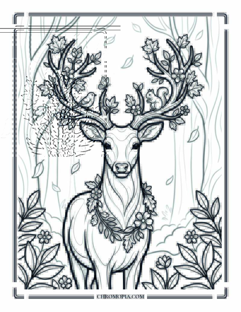 Enchanted Autumn Deer With Forest Crown Coloring Page