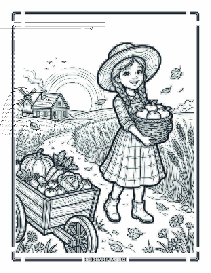 Golden Harvest Path With Little Girl Coloring Page