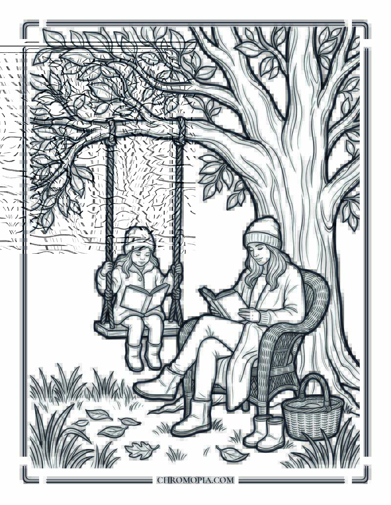 Mother And Daughter Reading Under Tree Coloring Page