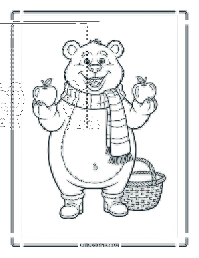 Bear In A Scarf Collecting Apples Fun Fall Animal Coloring Page