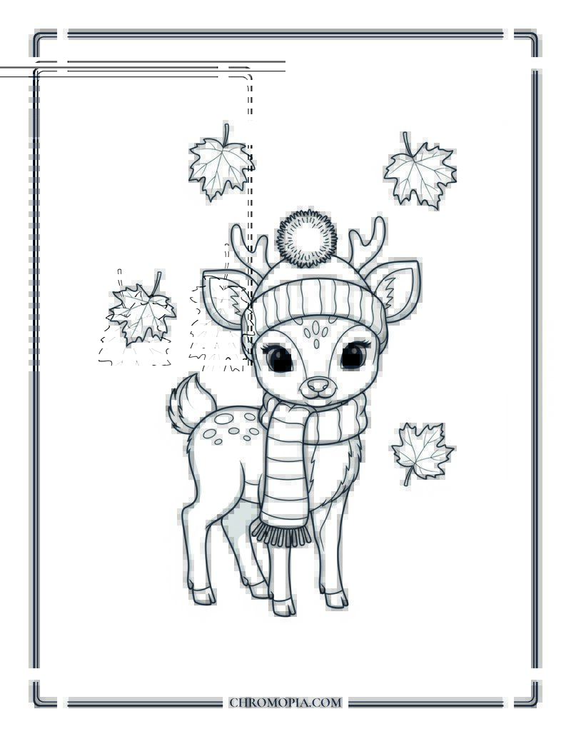 Deer Wearing Cozy Hat And Muffler Cute Autumn Animal Coloring Sheet