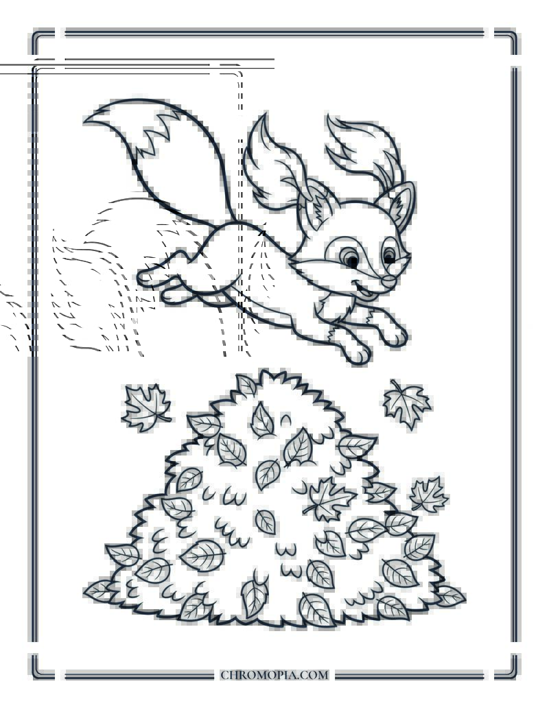 Fox Jumping Into Leaf Pile Fall Coloring Page For Preschoolers