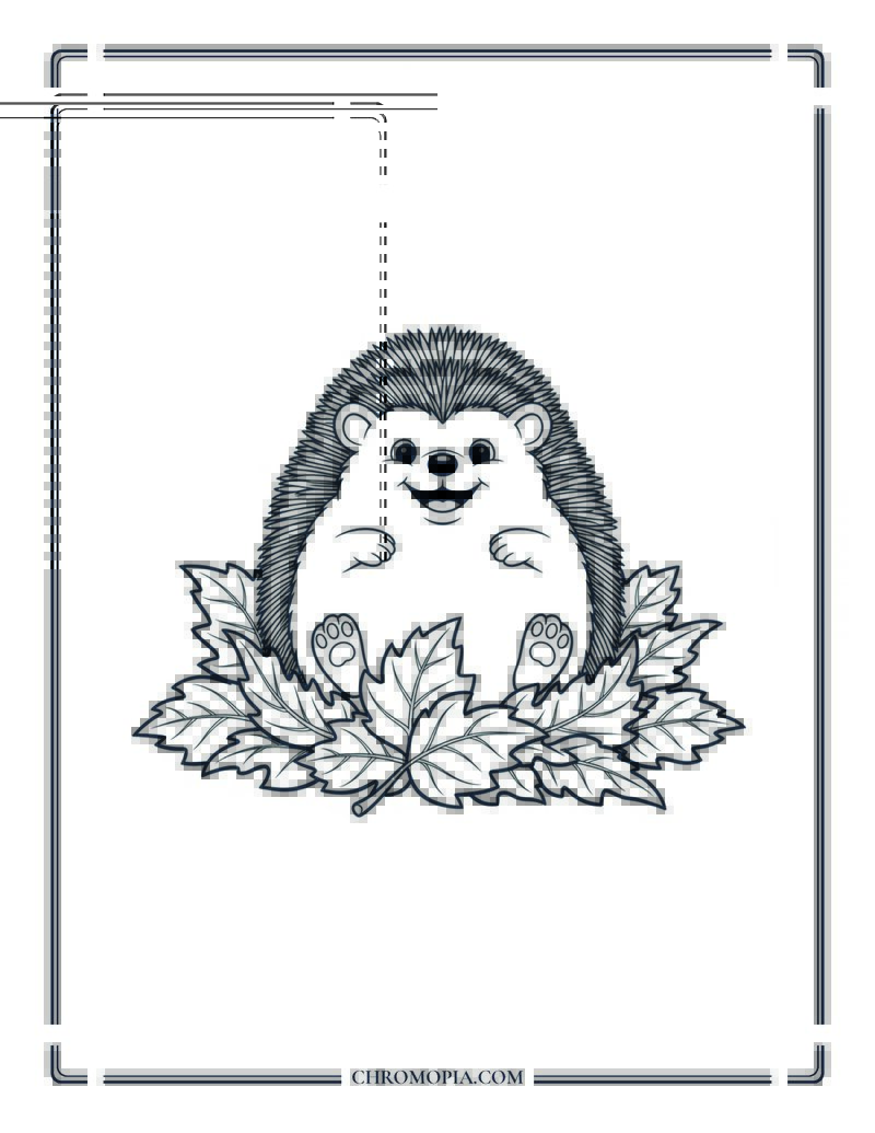 Hedgehog Playing In Leaf Pile Simple Autumn Animal Coloring Page