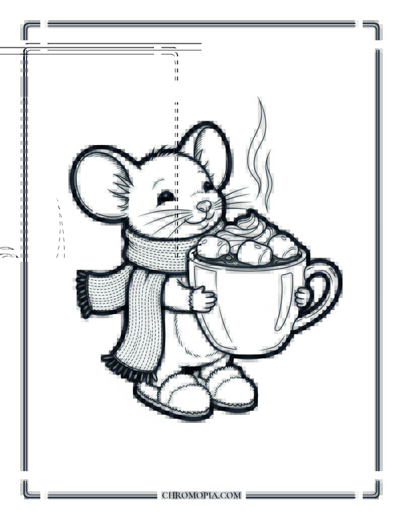 Mouse Drinking Hot Cocoa Autumn Comfort Coloring Page