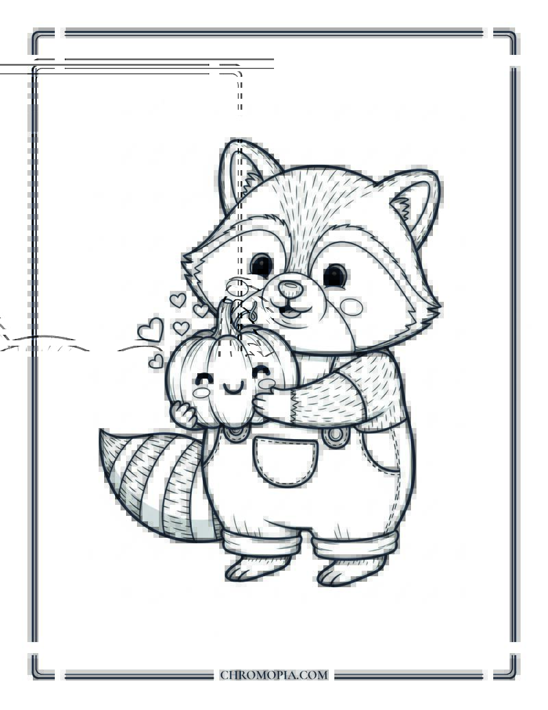 Raccoon Holding A Tiny Pumpkin Simple Autumn Animal Coloring Sheet