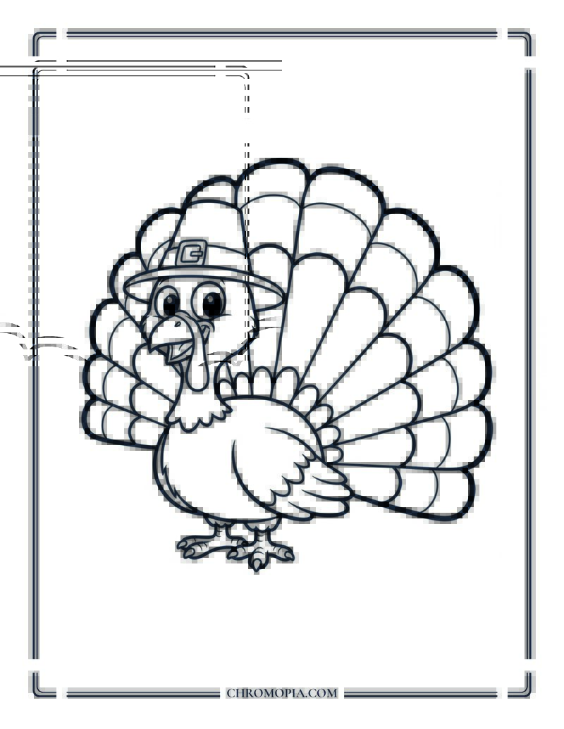 Turkey With Big Feathers Smiling Thanksgiving Bird Coloring Page
