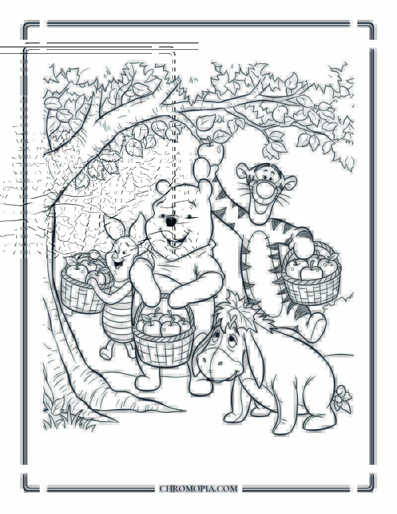 Cartoon Bear And Friends Collecting Apples Autumn Coloring Sheet