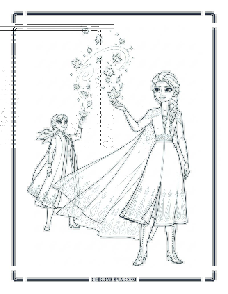 Cartoon Ice Princess Making Frosty Leaves Fall Magic Coloring Page