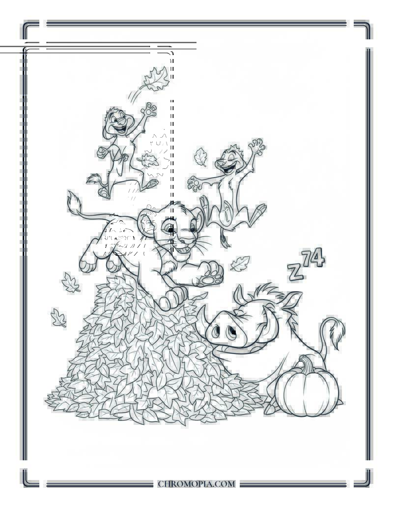 Cartoon Lion Friends Playing In A Leaf Pile Fall Coloring Page