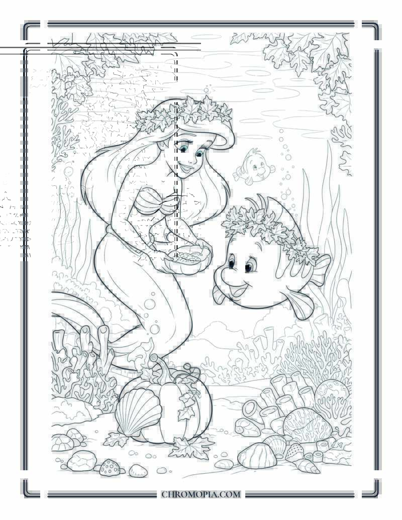 Cartoon Mermaid And Fish With Fall Sea Treasures Underwater Autumn Coloring Sheet