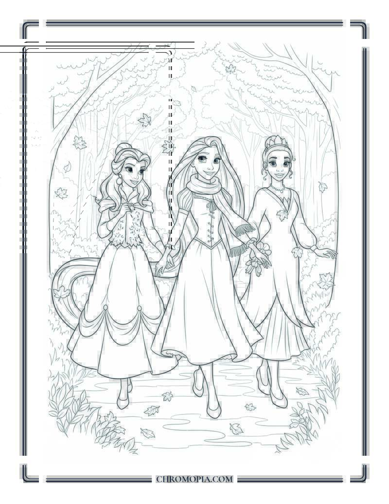Cartoon Princesses Wearing Cozy Fall Outfits Autumn Fashion Coloring Page