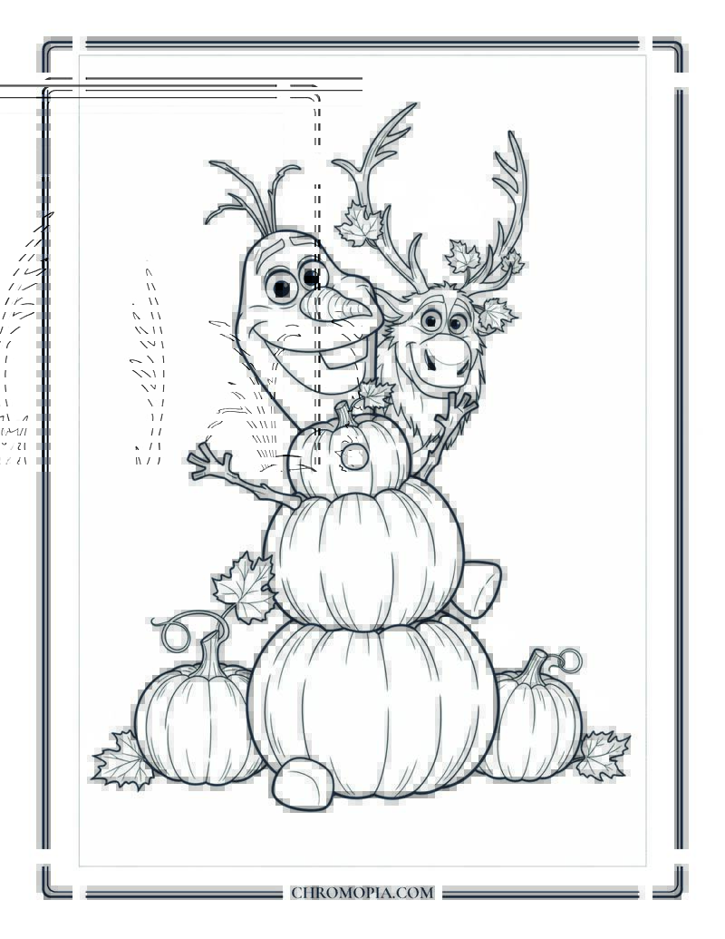 Cartoon Snowman Surrounded By Pumpkins Funny Fun Fall Coloring Page