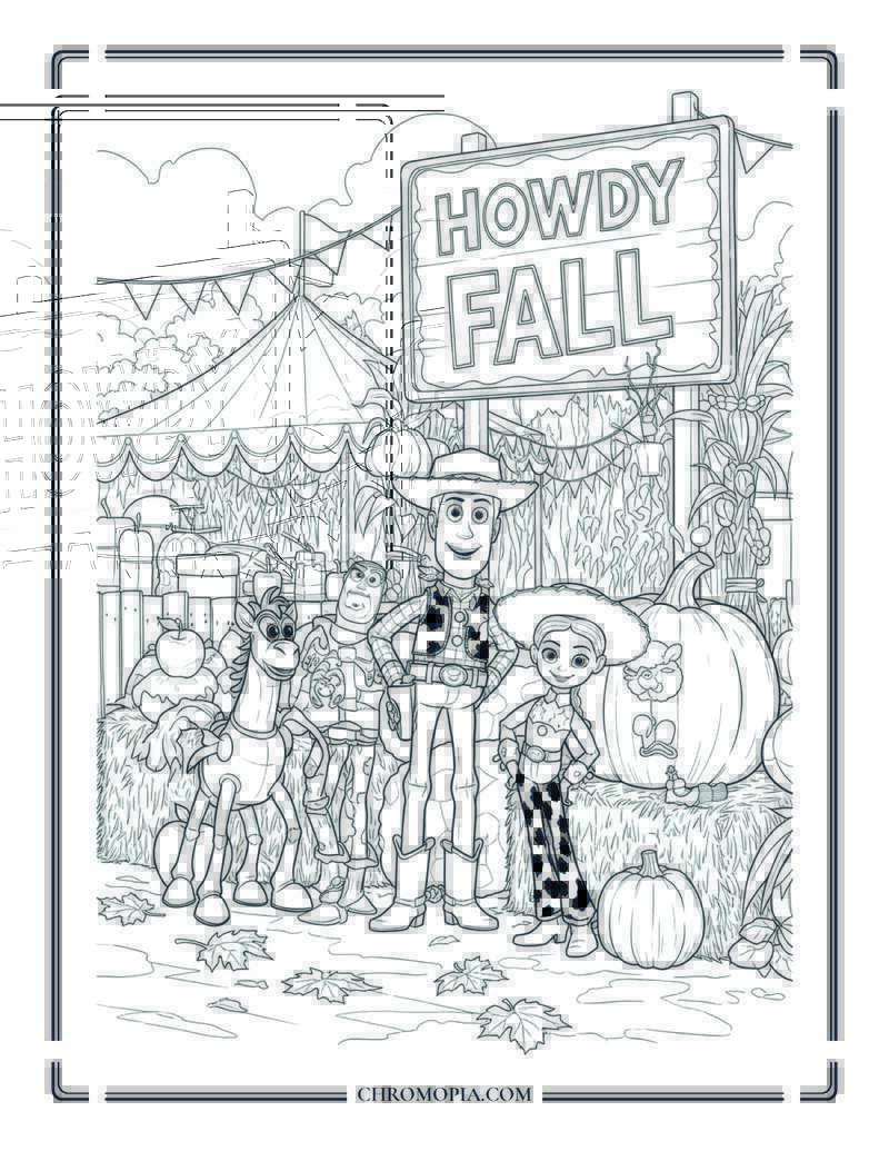 Cartoon Toy Gang At A Fall Fair Autumn Coloring Sheet