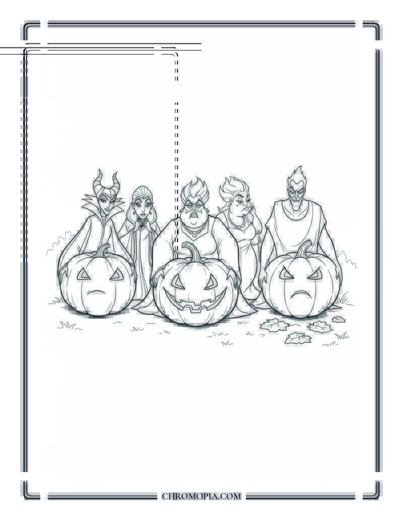 Cartoon Villains In A Pumpkin Patch Funny Spooky Fall Coloring Page