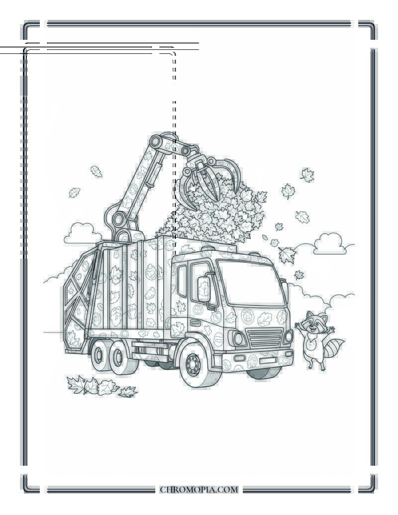 Autumn Garbage Truck Picking Up Leaves Cool Fall Vehicle Coloring Page