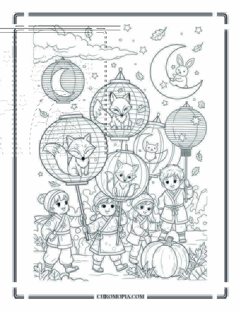 Autumn Moon Festival In China Lantern Walk Coloring Sheet