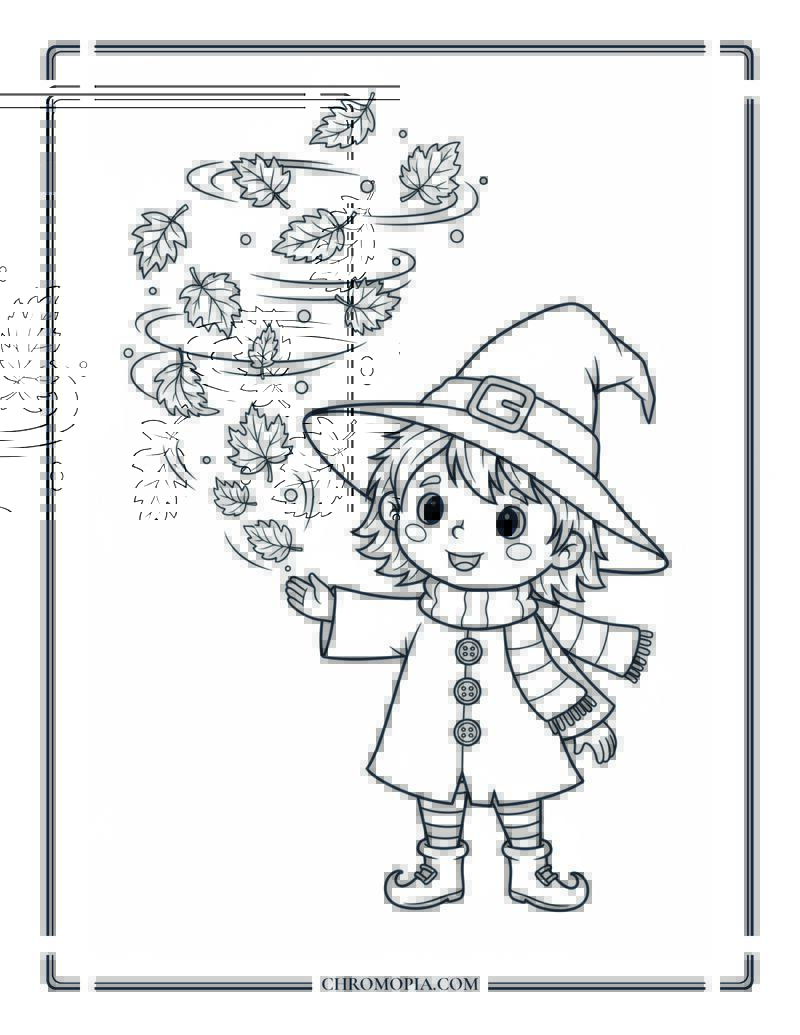 Autumn Witch Kid With Floating Leaves Fun Magic Fall Scene Coloring Page