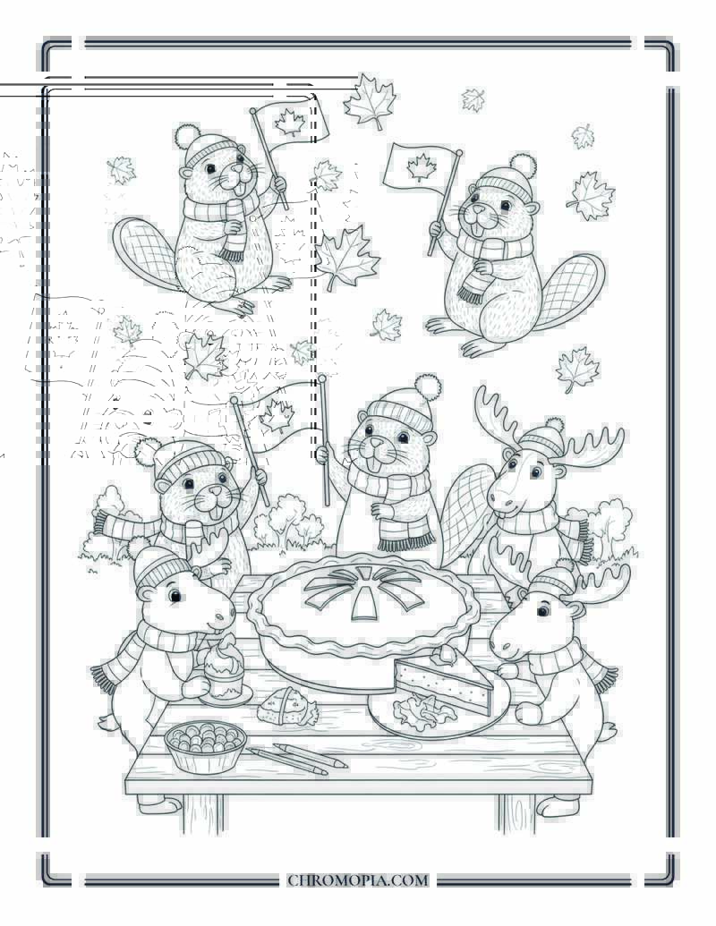 Canadian Fall Festival With Beavers And Maple Pie Coloring Page