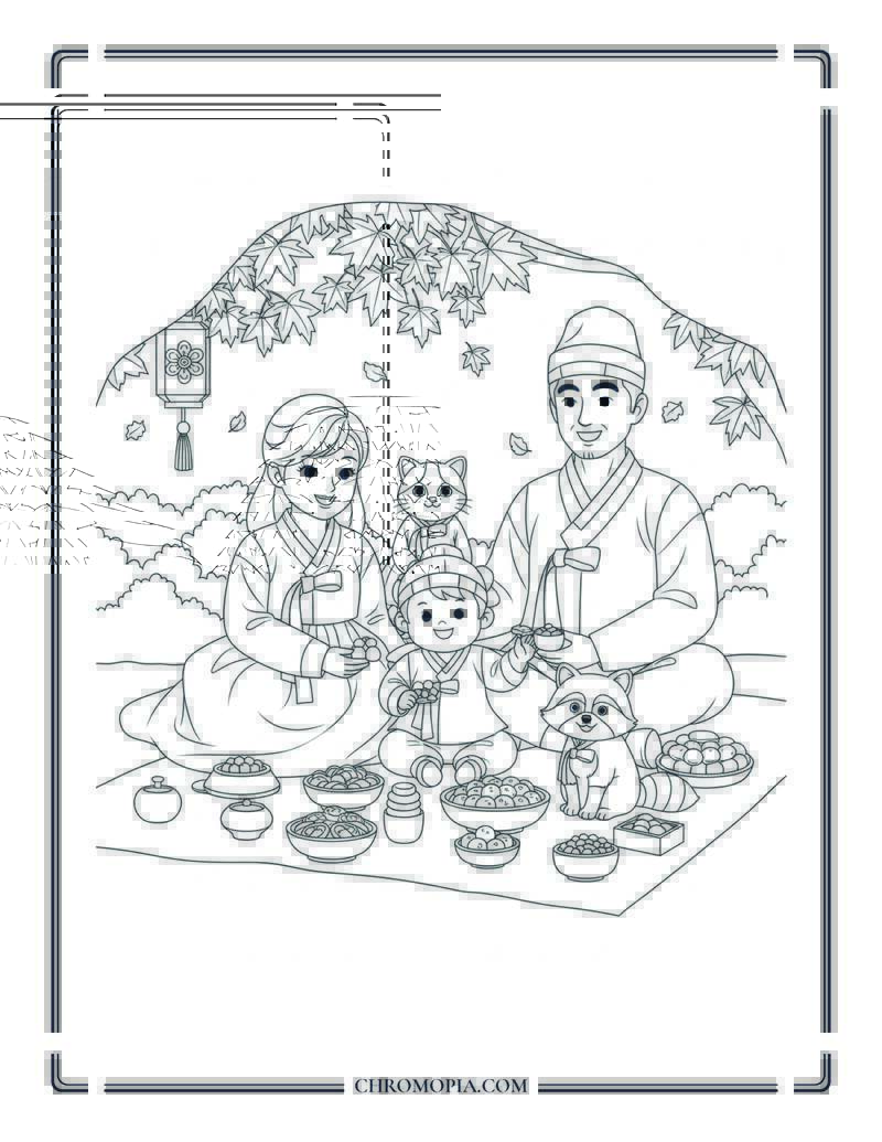 Chuseok Festival In Korea Family Picnic In Fall Scene Coloring Page