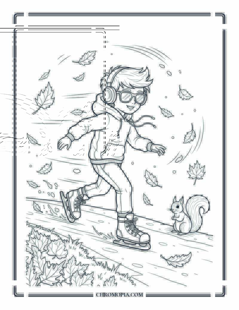 Cool Kid Skating Through Falling Leaves Autumn Coloring Page