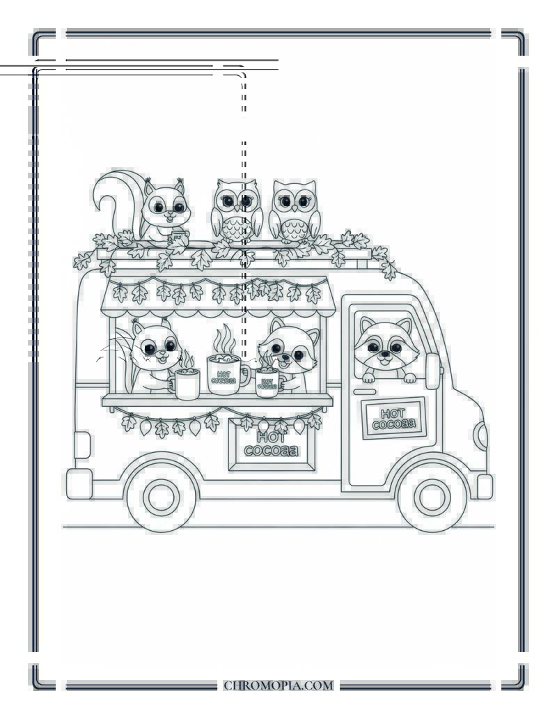 Fall Food Truck Serving Hot Cocoa Street Scene Coloring Page
