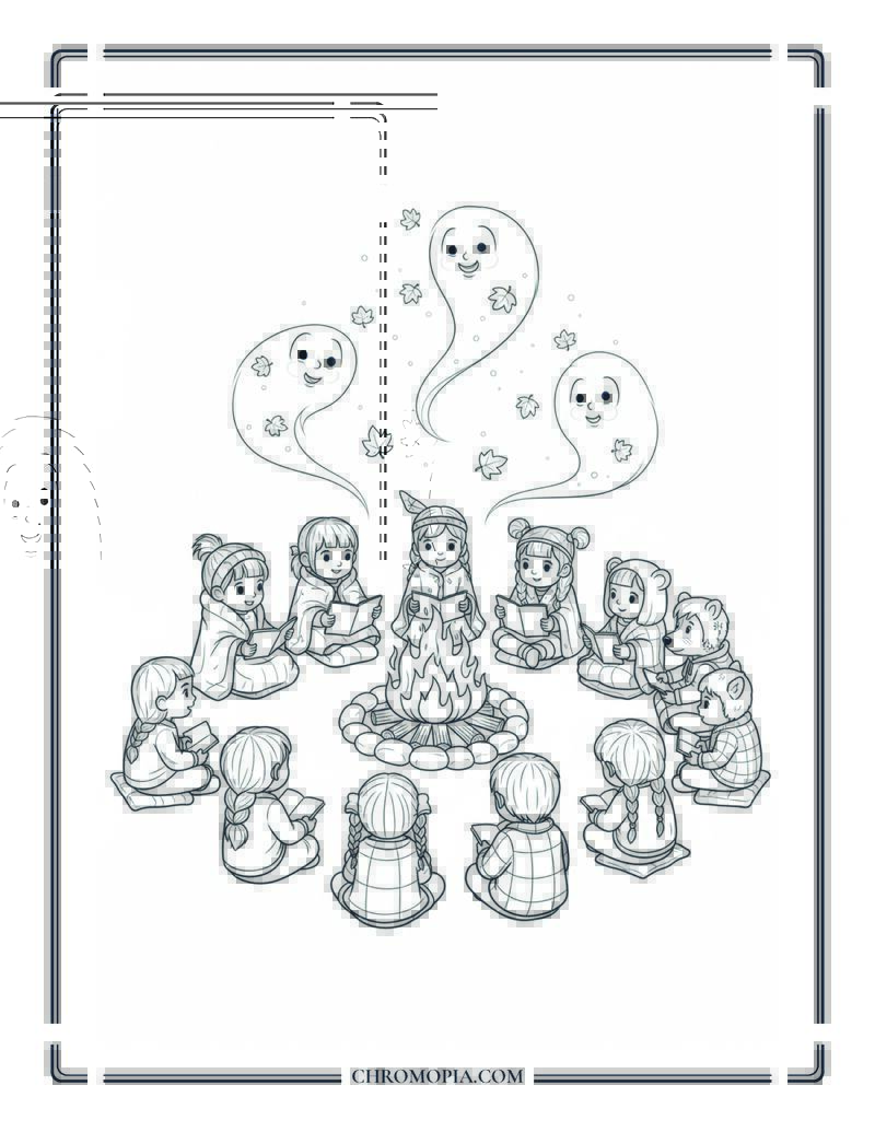 First Nations Fall Story Circle Fire Pit And Storytime Scene Coloring Page