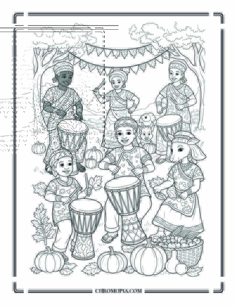 Harvest Day In Africa Drums Gourds And Dancing Animals Coloring Page