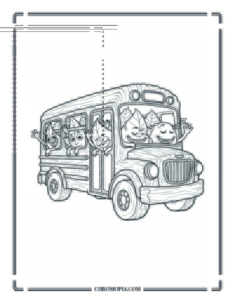 Monster Bus Full Of Leaf Creatures Fall Vehicle Coloring Page