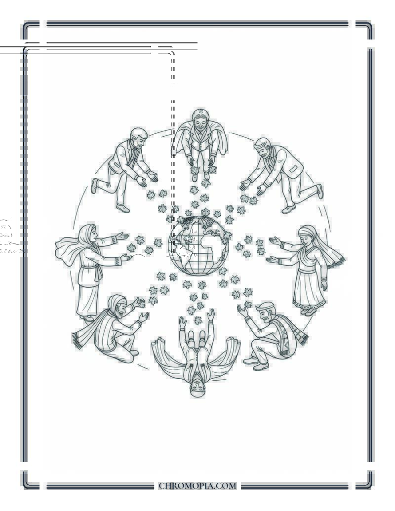 All Continents Autumn Unity Scene Global Fall Harmony Coloring Page