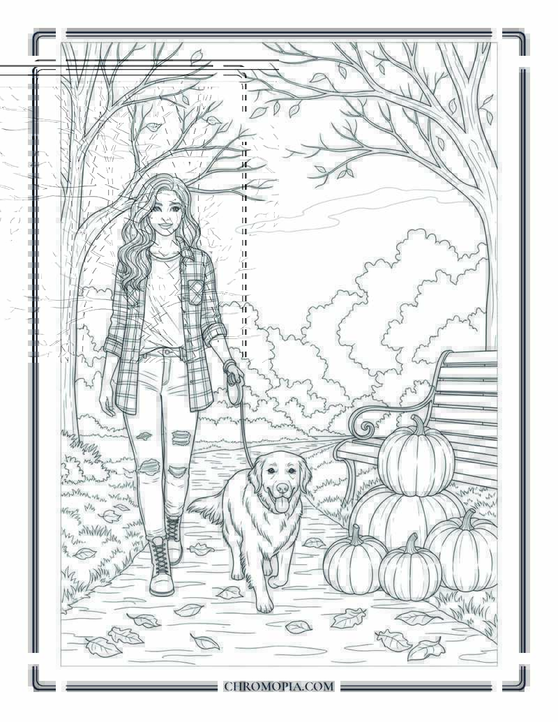 American Woman In Flannel Walking A Dog In Fall Park Cozy Autumn Coloring Page