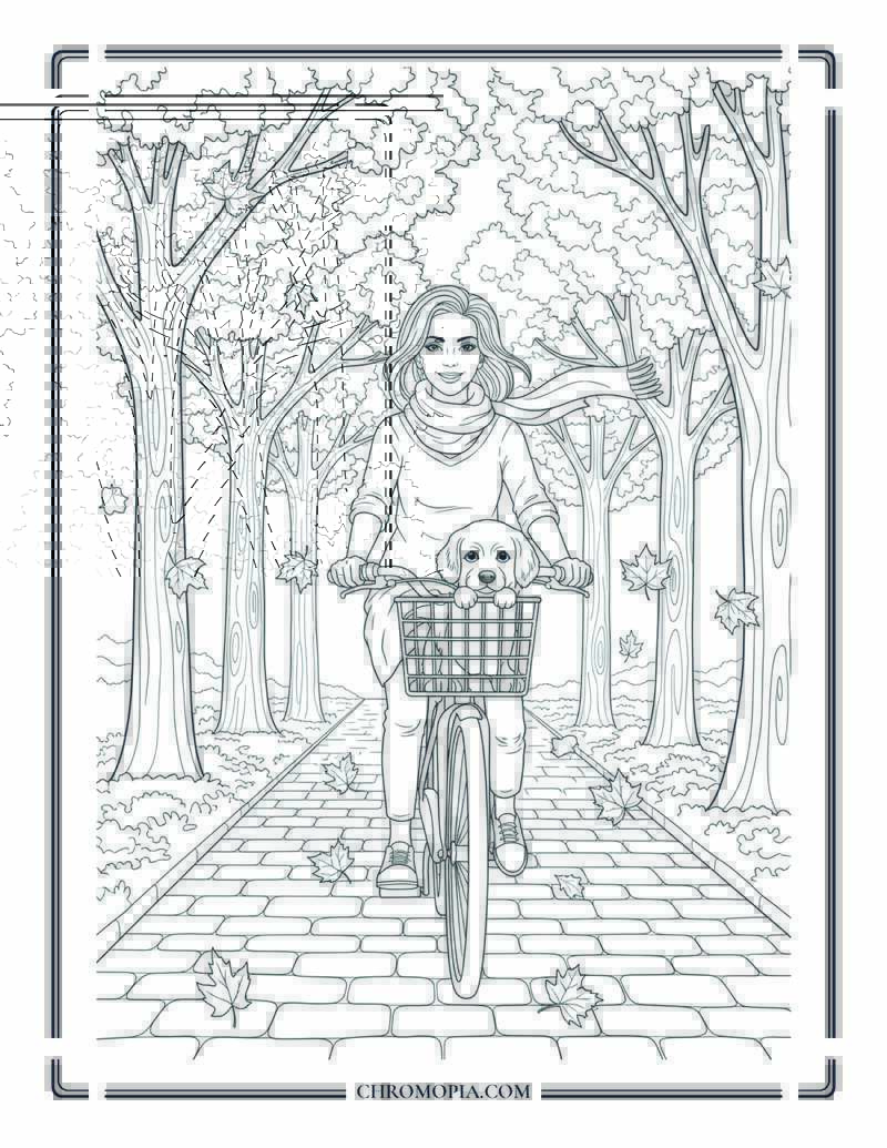 Argentinian Woman Riding Bicycle With Dog And Leaves Fall Fun Coloring Page
