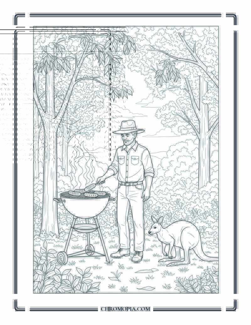 Australian Man Barbecuing In Backyard With Kangaroo Nearby Fall Down Under Coloring Page