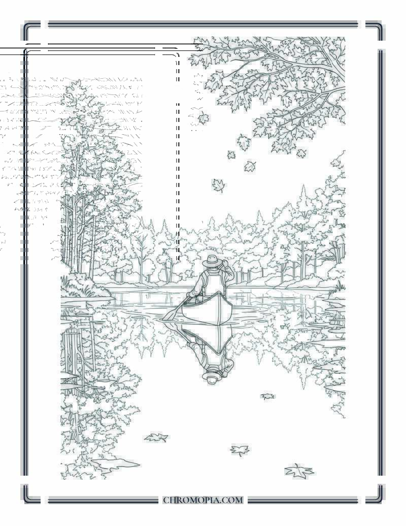 Canadian Man Canoeing Through Fall Forest Lake Autumn Outdoors Coloring Page