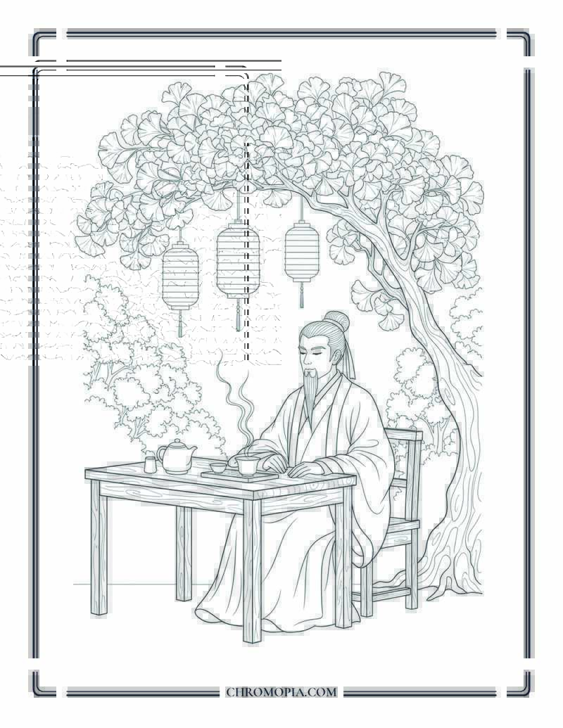 Chinese Man Drinking Tea Under Gingko Tree Fall Season Coloring Page
