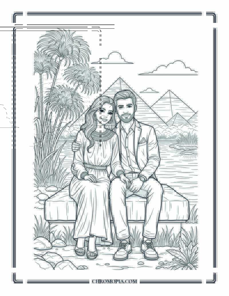 Egyptian Couple By The Nile In Fall Outfits Cozy Autumn Scene Coloring Page