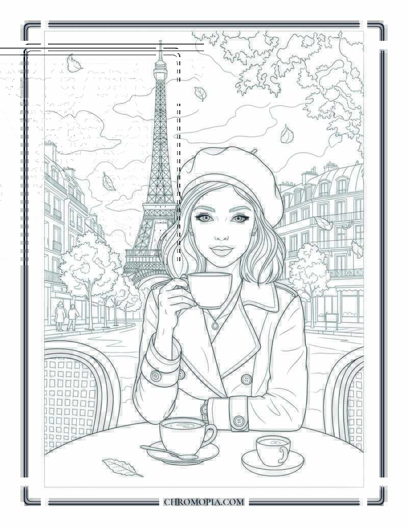 French Woman With Beret In Parisian Cafe Autumn Coloring Page