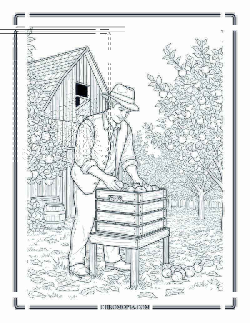 German Man Picking Apples In Orchard Cozy Harvest Coloring Page