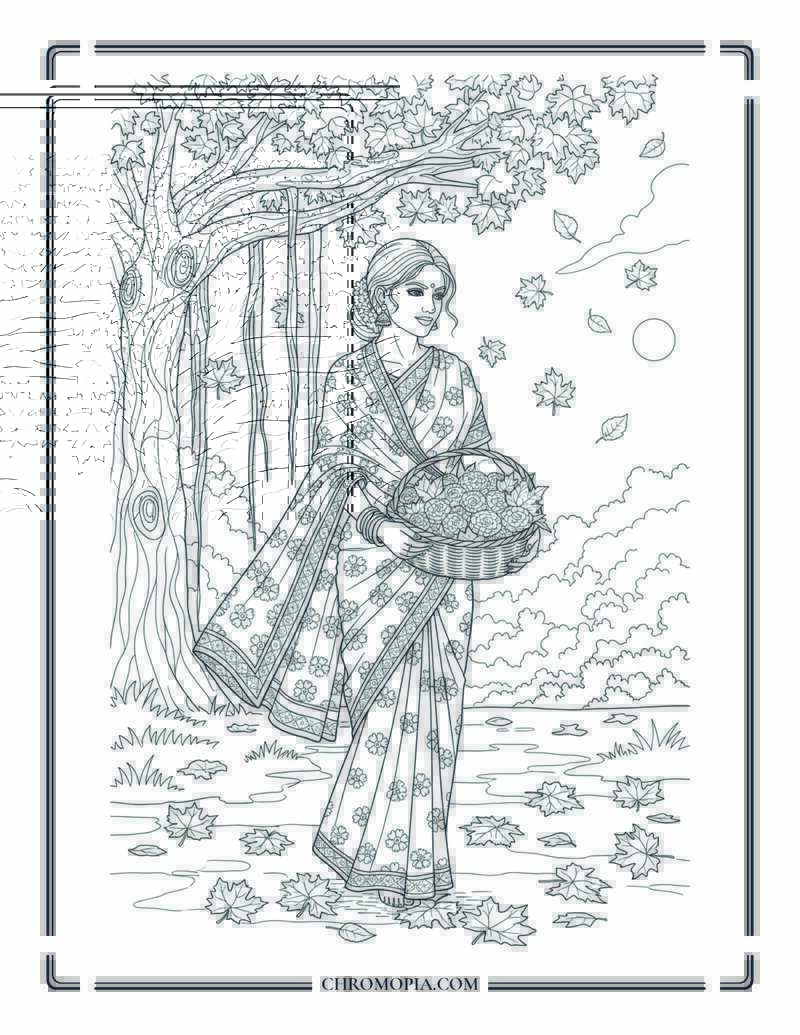 Indian Woman In Saree Gathering Leaves Autumn Coloring Page