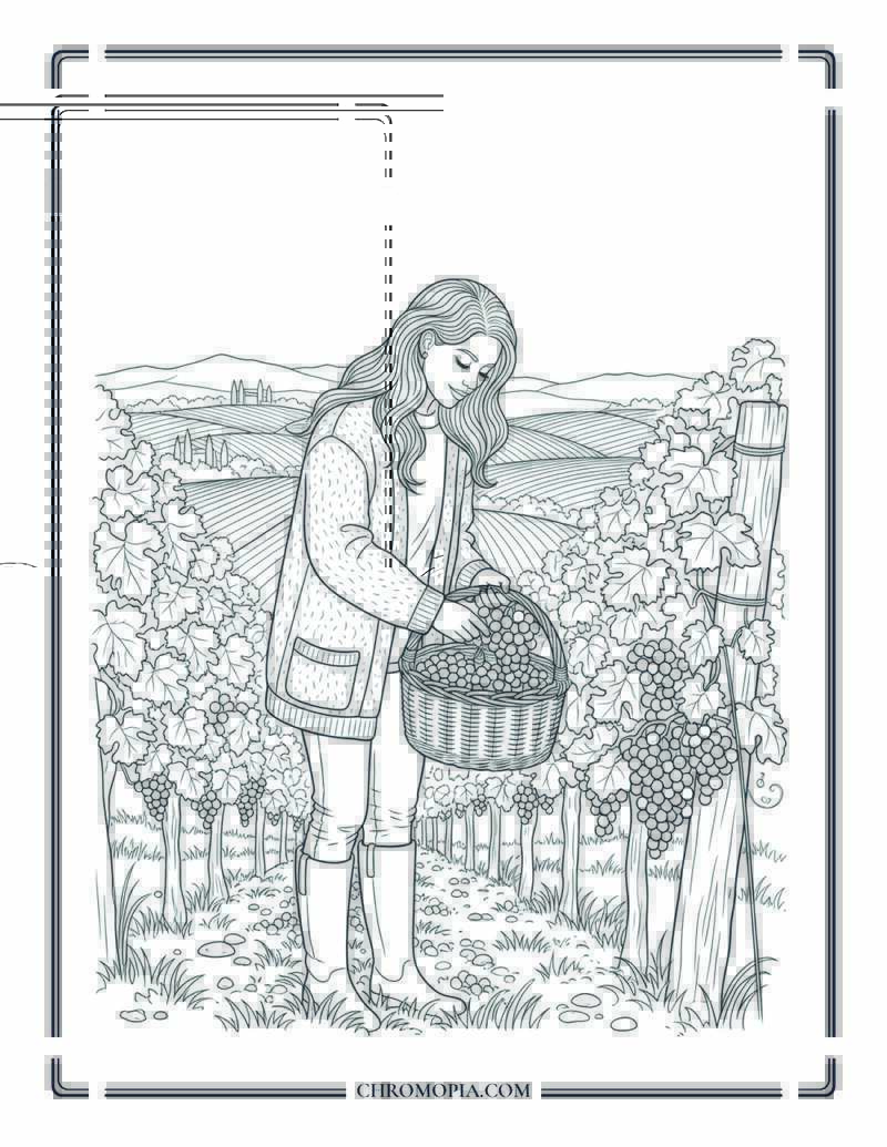 Italian Woman Picking Grapes In Fall Vineyard Harvest Scene Coloring Page