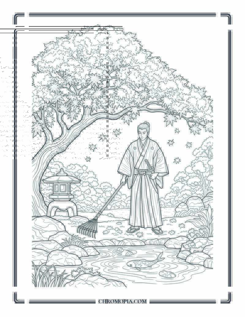 Japanese Man In Kimono By Autumn Maple Tree Fall Season Coloring Sheet