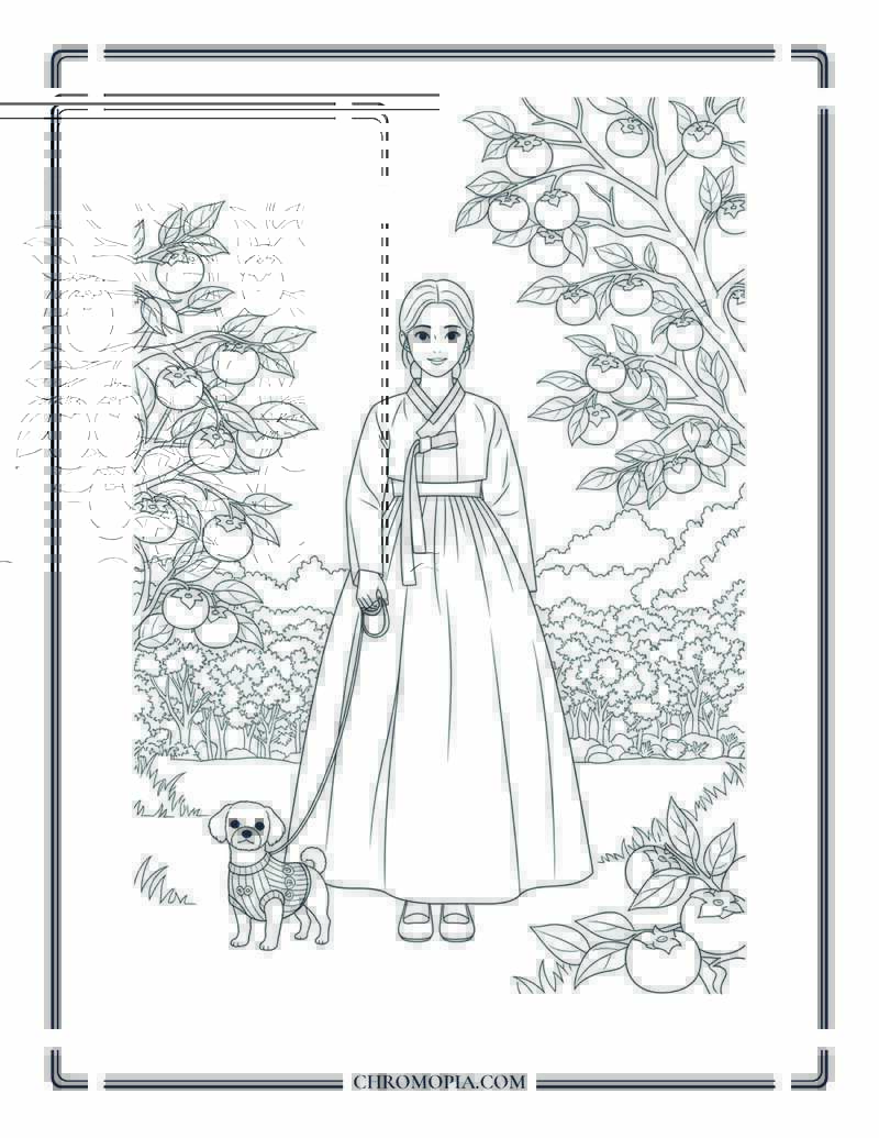 Korean Woman With Dog Wearing Hanbok In Fall Garden Autumn Scene Coloring Page