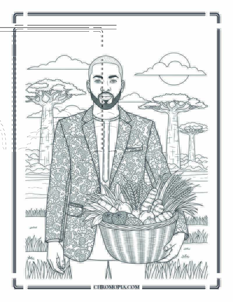 Nigerian Man In Ankara Jacket Holding Harvest Basket Autumn Coloring Sheet