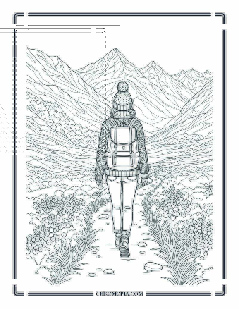 Norwegian Woman In Knitted Sweater On A Mountain Trail Autumn Hiking Coloring Page