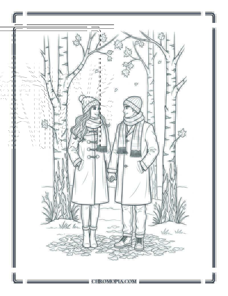 Russian Couple In Wool Coats By Birch Trees Fall Romance Coloring Page